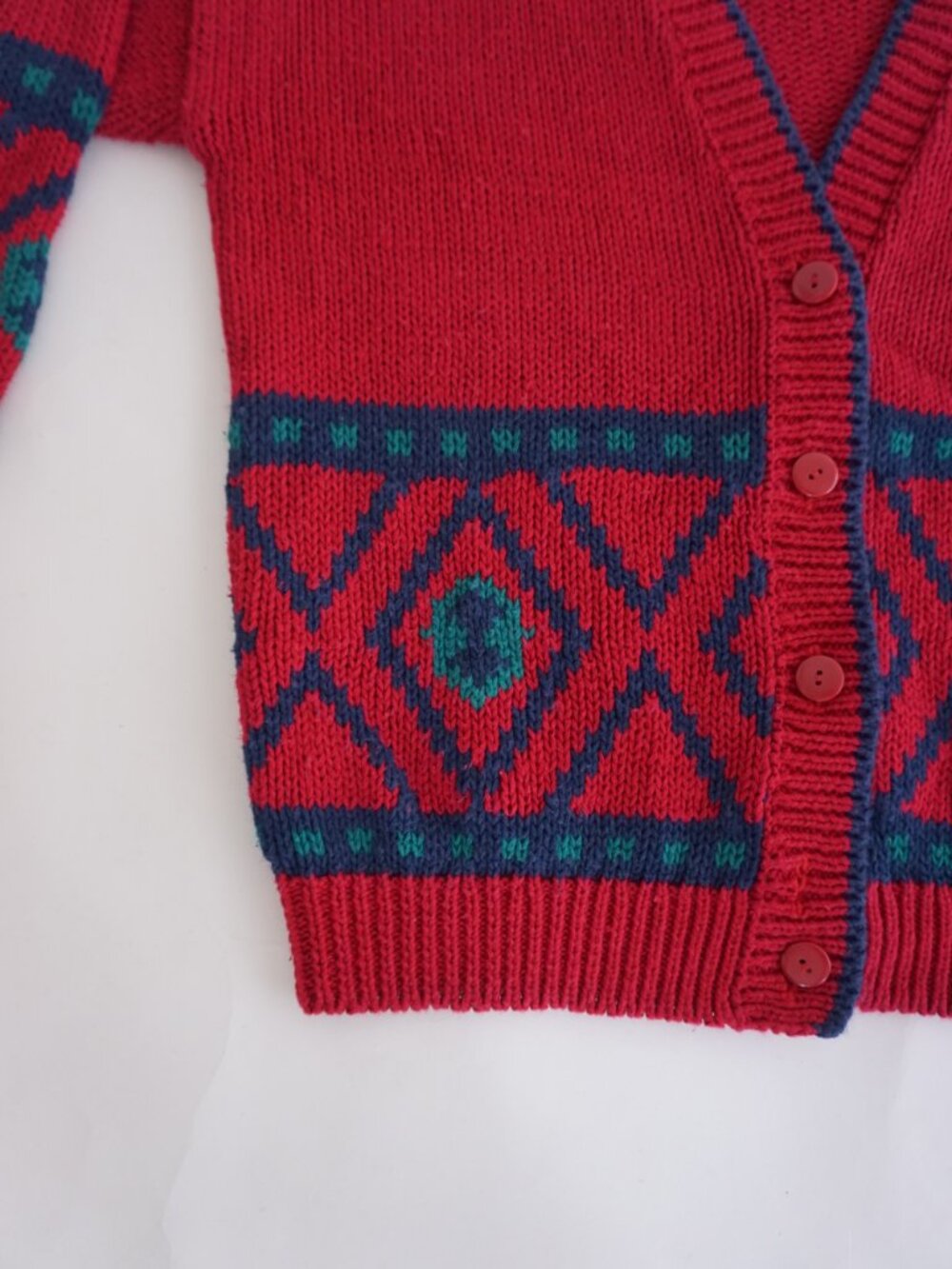 Vintage Gina Peters Red Geometric Knit Button Front Grandpa Cotton Cardigan M - Picture 7 of 9